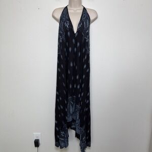 Kathmandu Imports Women Rayon Halter Dress Black Blue Paisley Boho Asymmetrical